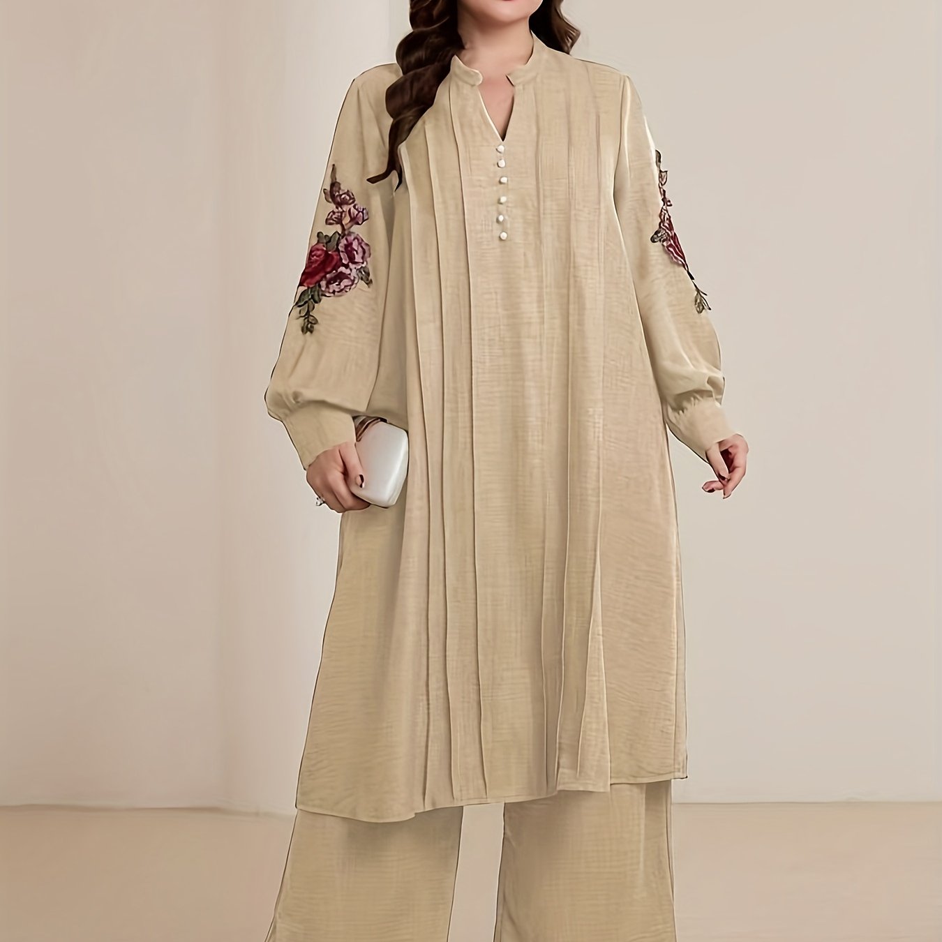 Plus Size Women's Elegant Embroidered V-Neck Long Sleeve Dress and Loose Pants Two-Piece Set
