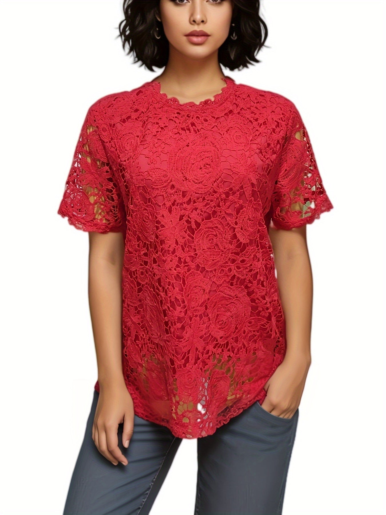 Floral Plus Size Women's Blouse, Crew Neck, Short Sleeve