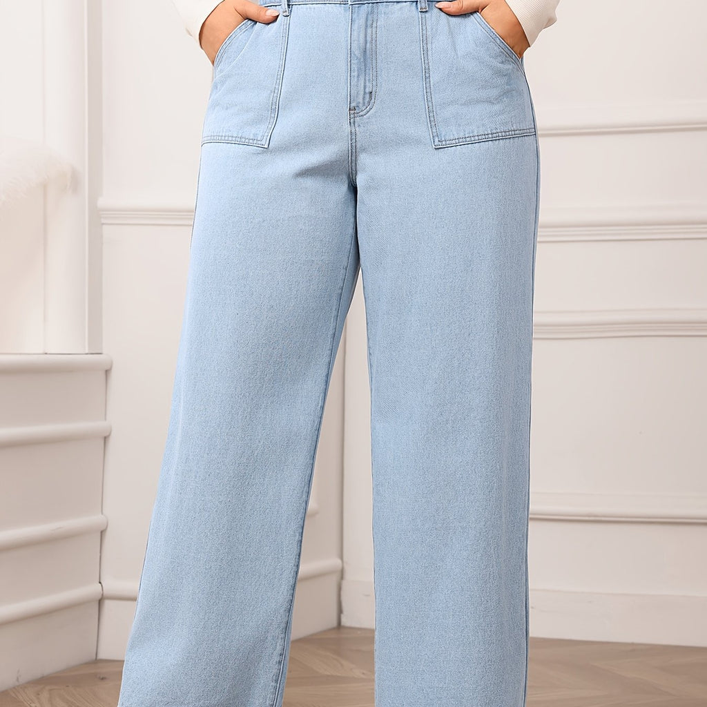 Women's High-Waisted Wide Leg Jeans - Light Blue, Non-Stretch Denim with Pockets, Casual Style