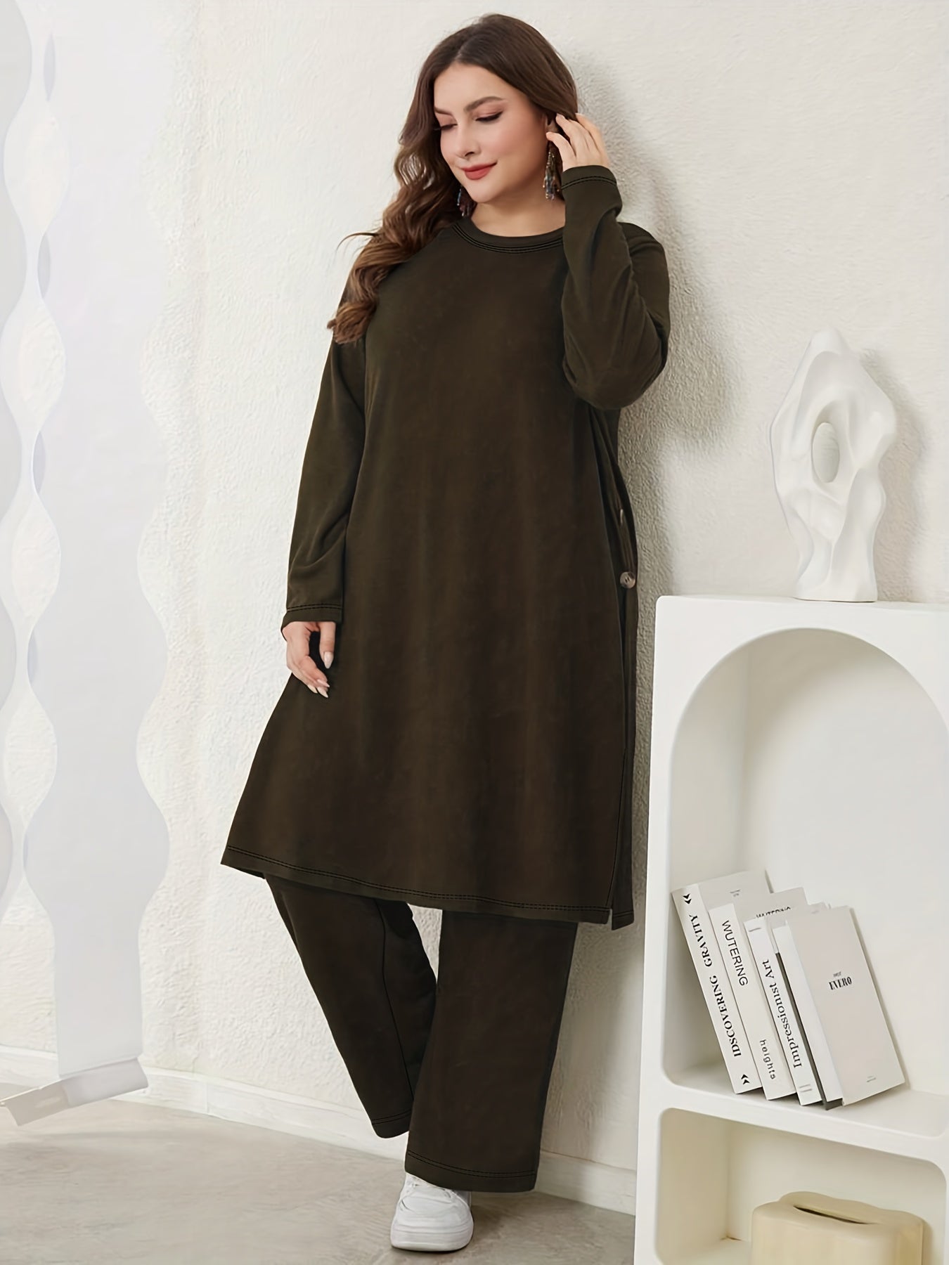 Plus Size, 2pcs Elegant Maxi Matching Outfit - Oversized Wide-Leg Pants & Slit Maxi Dress