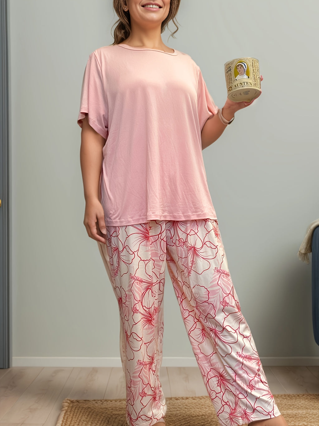 Women's Green T-shirt & Floral Long Pants Pajama Set - Soft, Elegant, Casual Wear for Ladies, Large Size