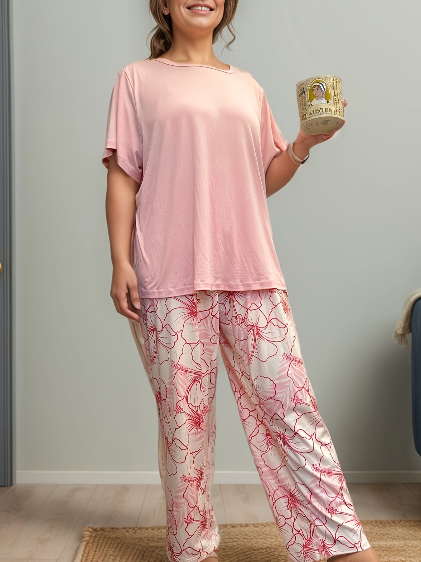 Women's Green T-shirt & Floral Long Pants Pajama Set - Soft, Elegant, Casual Wear for Ladies, Large Size