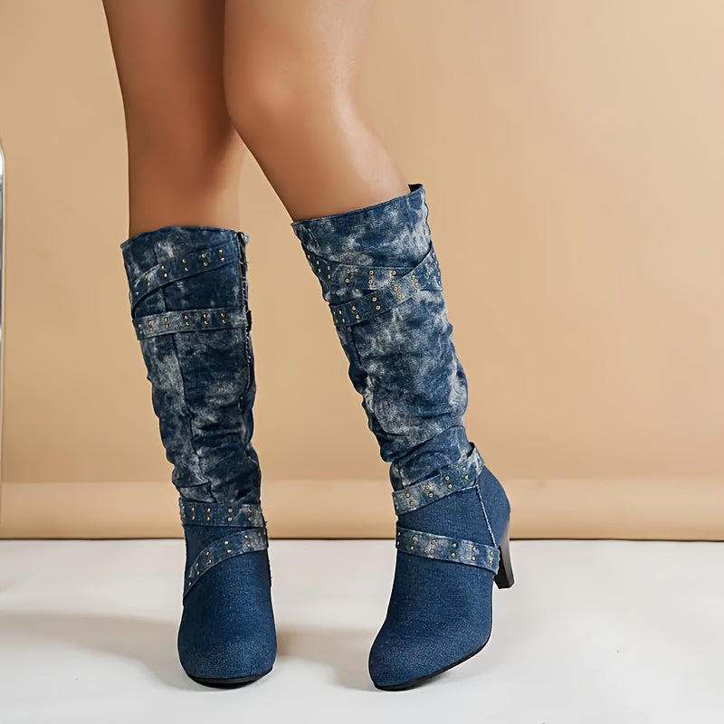 Trendy Denim Ladies' Long Boots Zipper Closure, Standard Toe