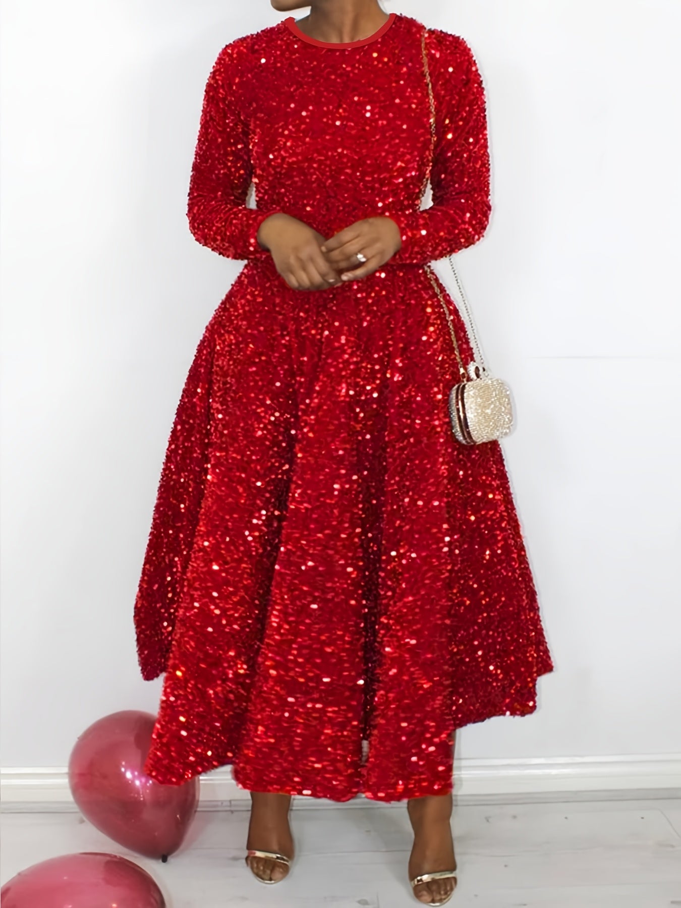 Women's Red Long Dress with a Round Neck, Perfect for Christmas Parties And New Year Celebrations