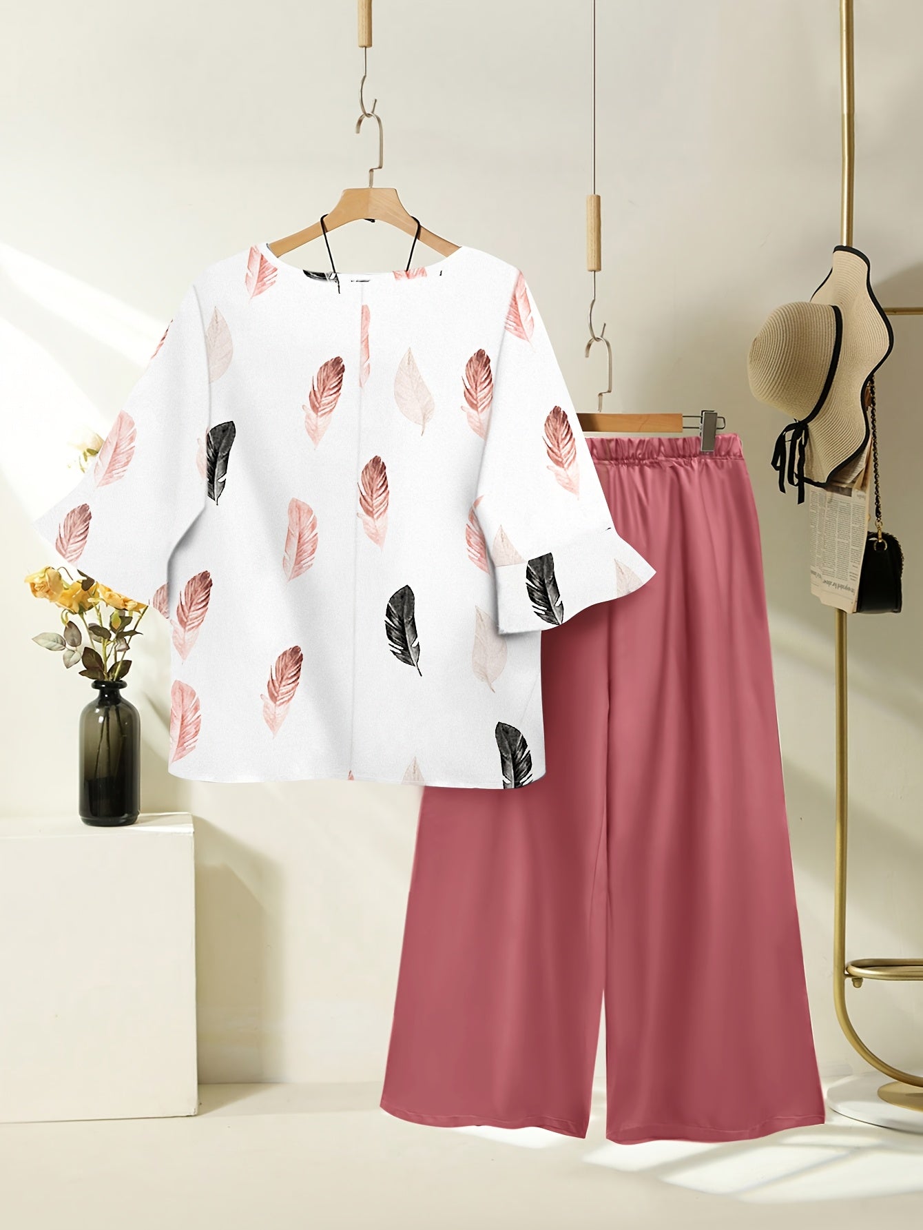 Women's Casual Vacation Print Short Sleeve Top + Elastic Waist Loose Wide-Leg Pants