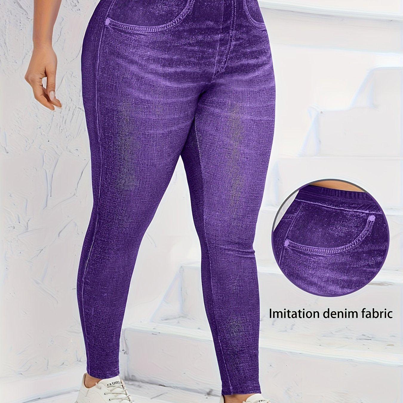 Plus Size Faux Denim Leggings - Ultra-Comfy High Waist Stretchy Design