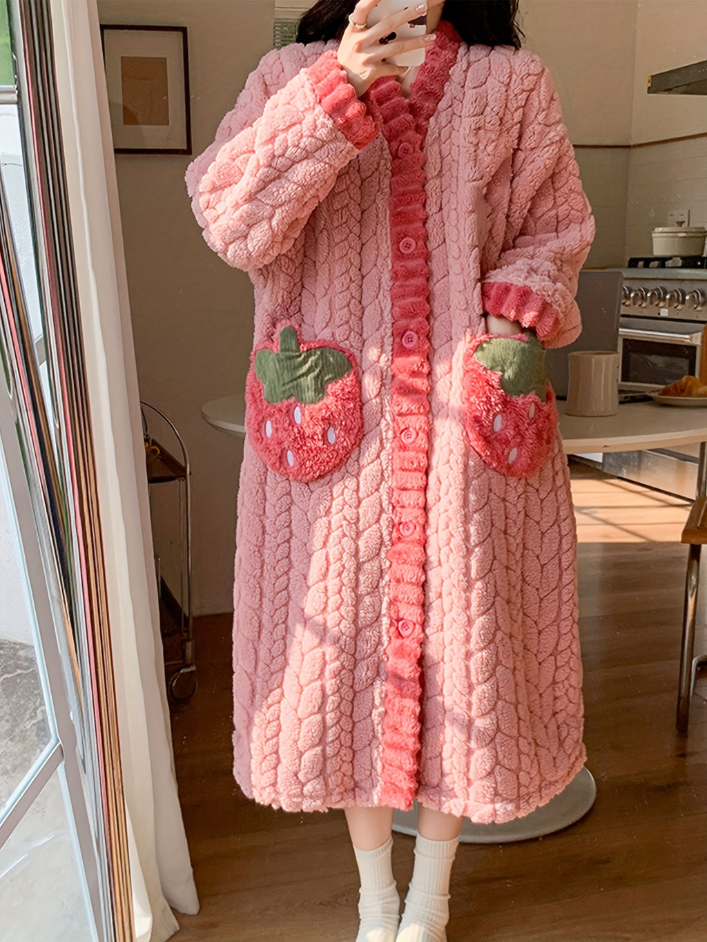 Cozy Coral Fleece V-Neck Long Sleeve Night Dress with Pockets - Plus Size Sleepwear