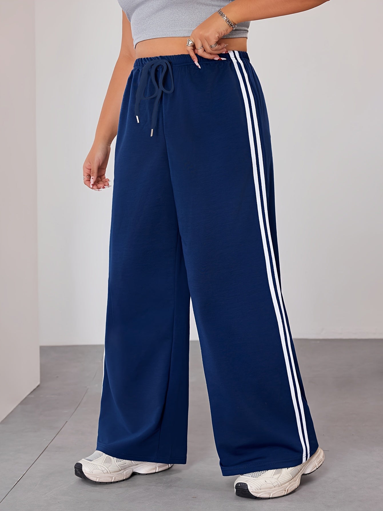 Plus Size Wide Leg Pants with Side Stripes