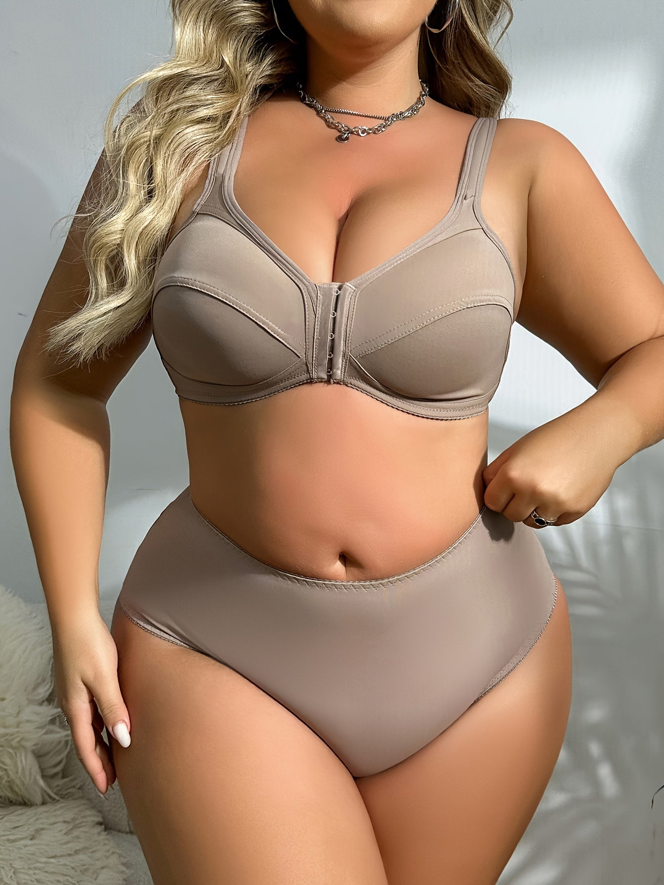 Plus Size Solid Color Non-Wired Front Opening Bra and Panty Set-2025#Set