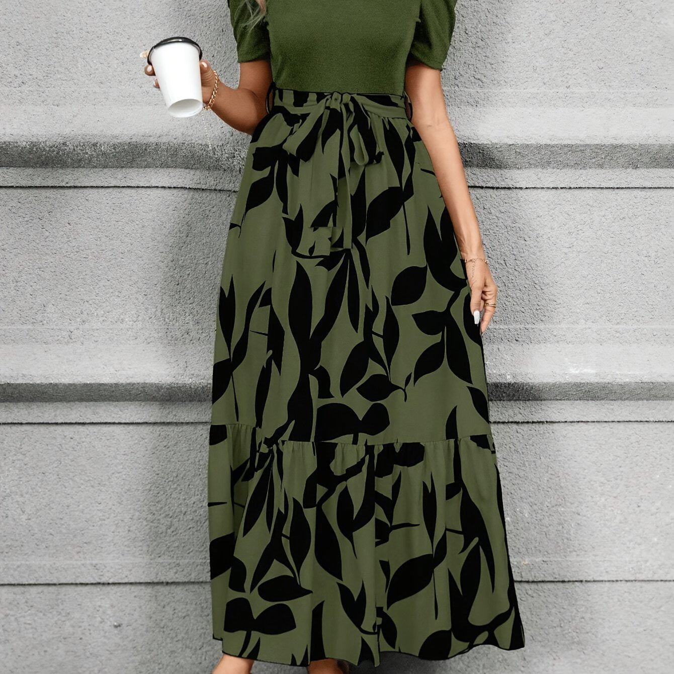 Print Midi Dress with Belt Short Sleeve