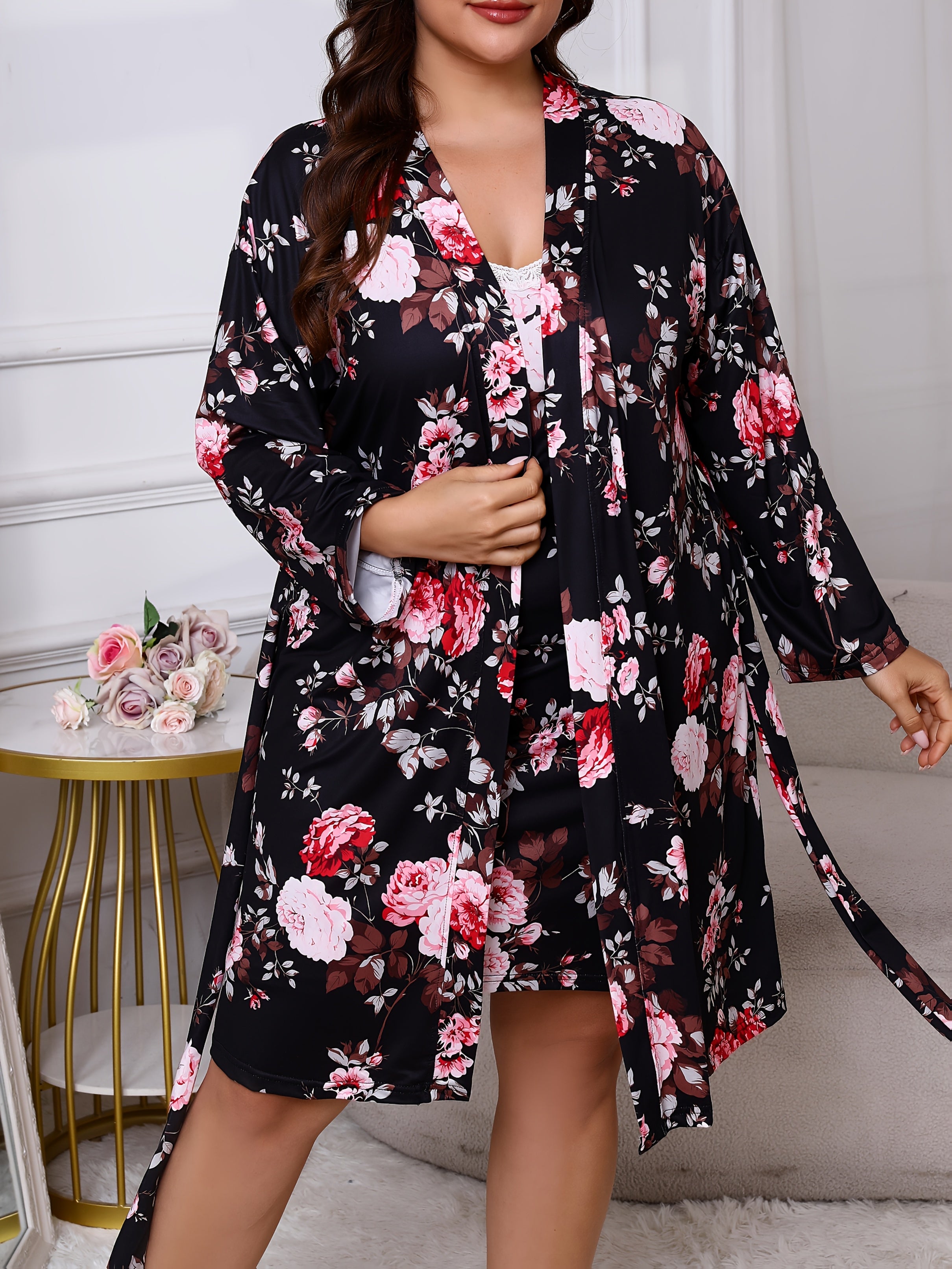 Plus Size Floral Print Sexy Lace Trim Camisole Nightgown with a Matching Tie Robe, a Two-Piece Sleepwear Set.