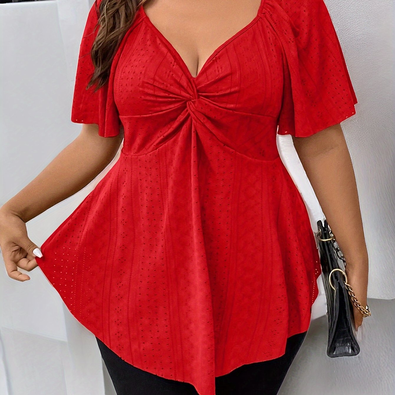 Stylish Plus Size Solid Eyelet Cutout Twist T-shirt