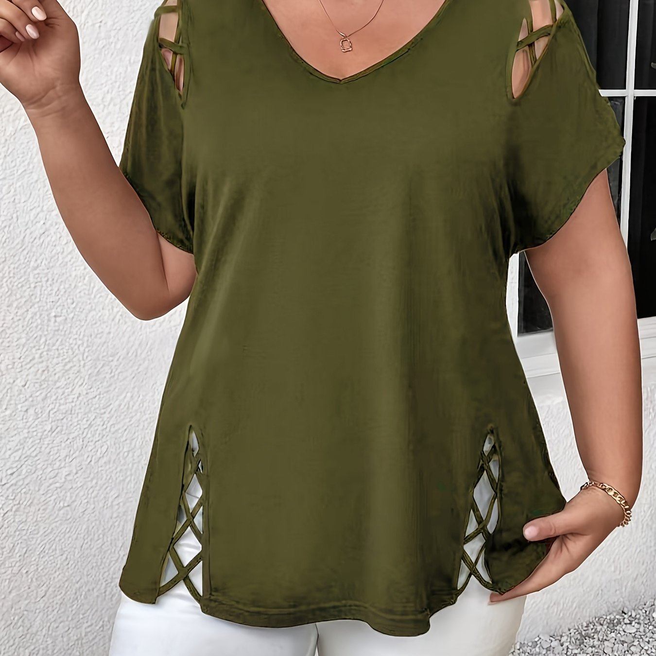 [Elegant T-Shirt] Elegant Plus Size Women's V-Neck T-Shirt | Stretchy Solid Black Top for Spring/Summer, Resort Style Casual & Vacation Wear,