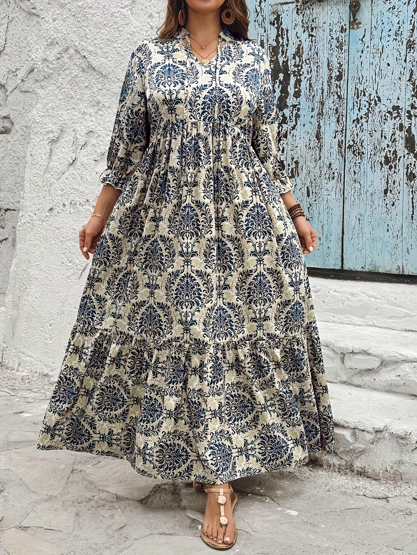 Floral Print, 3/4 Sleeve, Ruffle Hem, Polyester