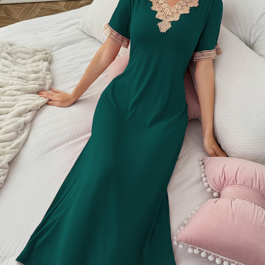 Long Contrast Lace Spliced Nightgown