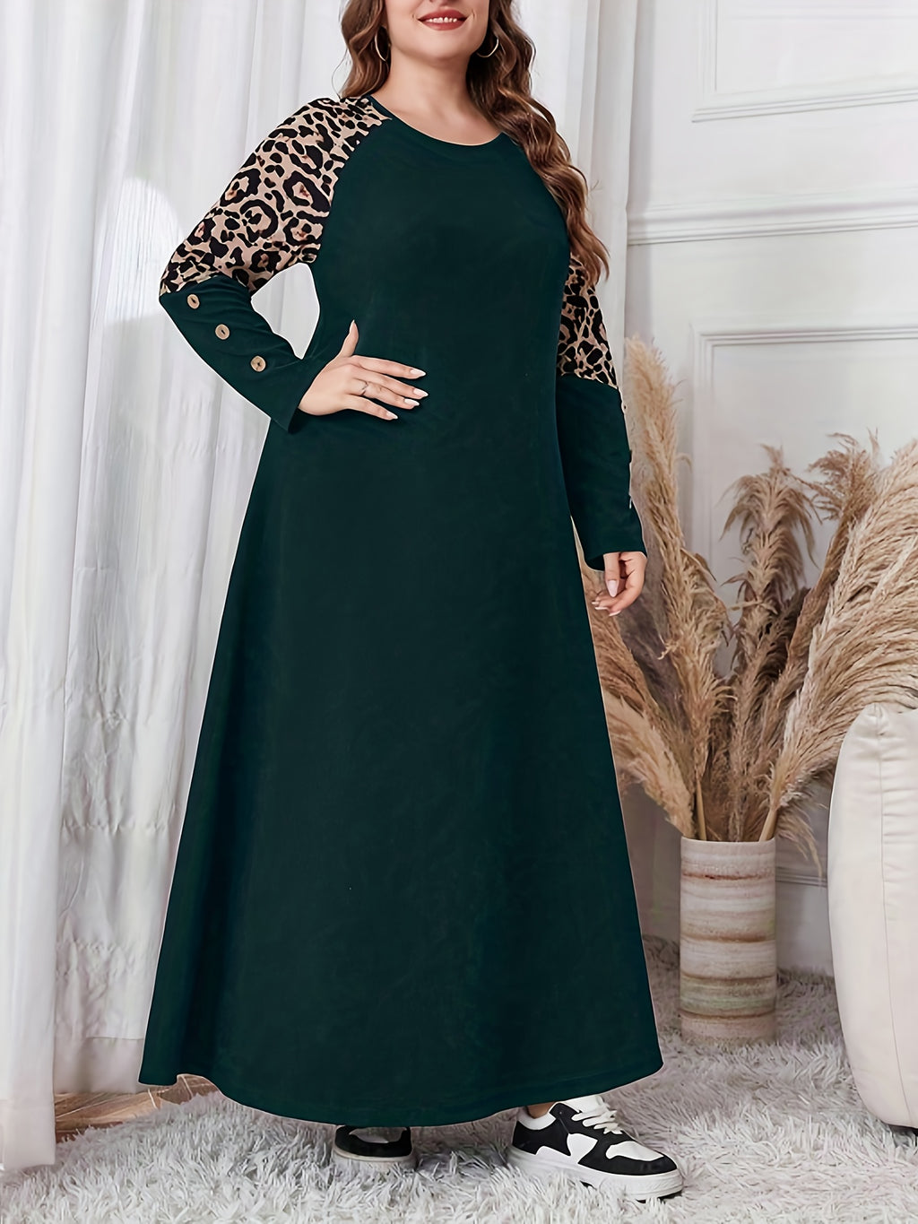 Women's Plus Size Elegant Leopard Print A-Line Maxi Dress with Swing Waist
