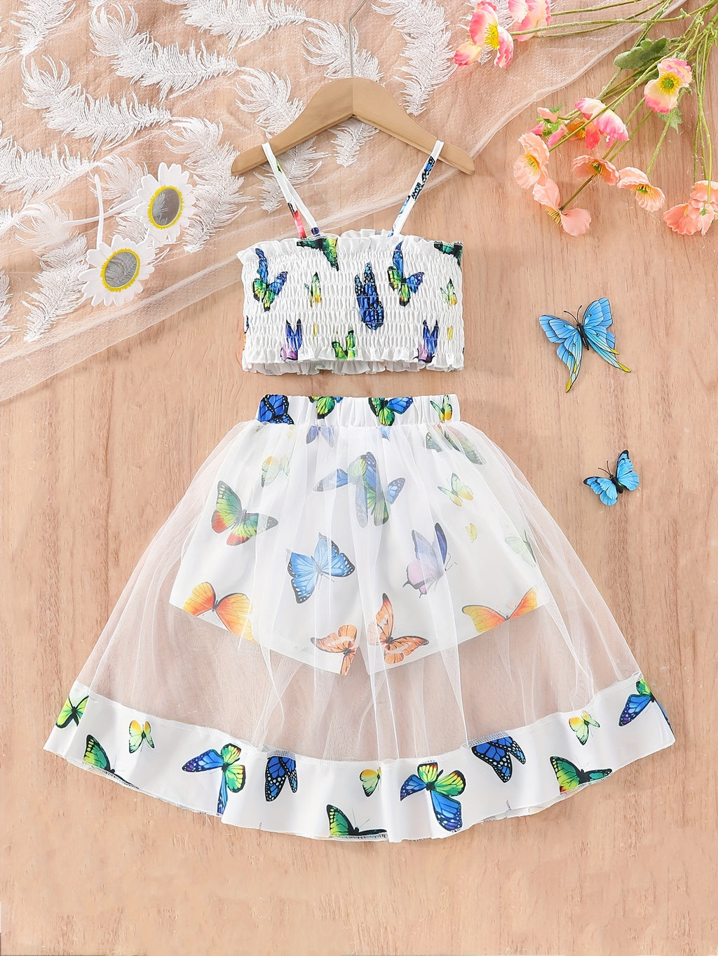 Girls' Two-Piece Set with Spaghetti Strap Butterfly Print Top