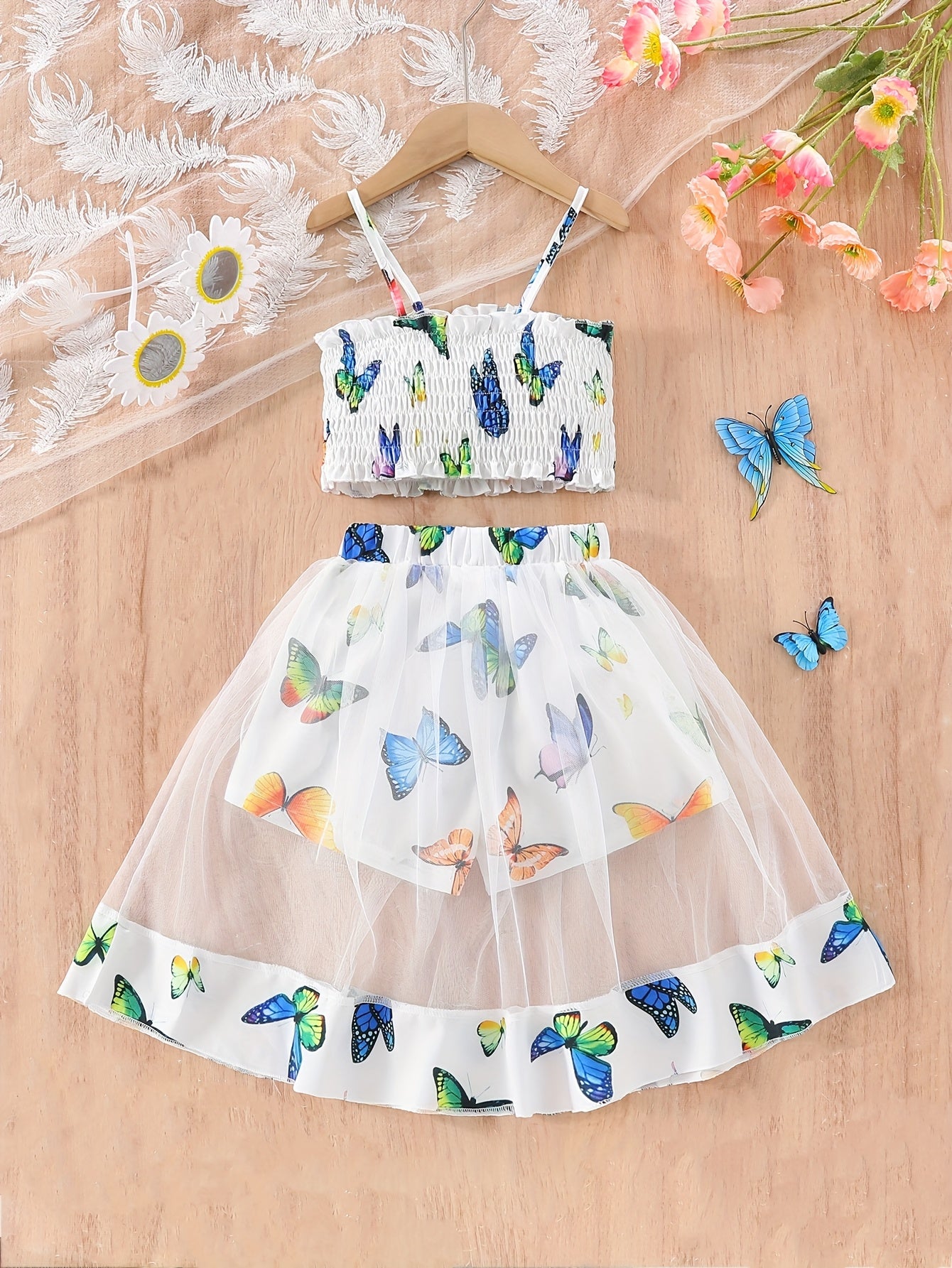 Girls' Two-Piece Set with Spaghetti Strap Butterfly Print Top