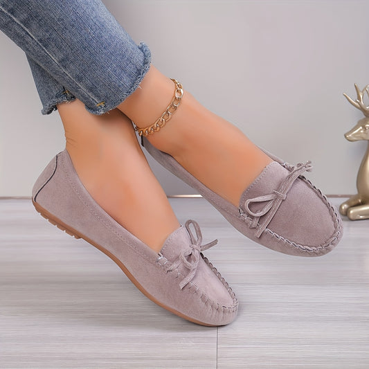 [Pair of Vintage Loafers] Vintage Style Pair of Women's Loafers | Solid Color Slip-On Flats with Bow, Suitable for All Seasons, Fashionable Retro Shoes