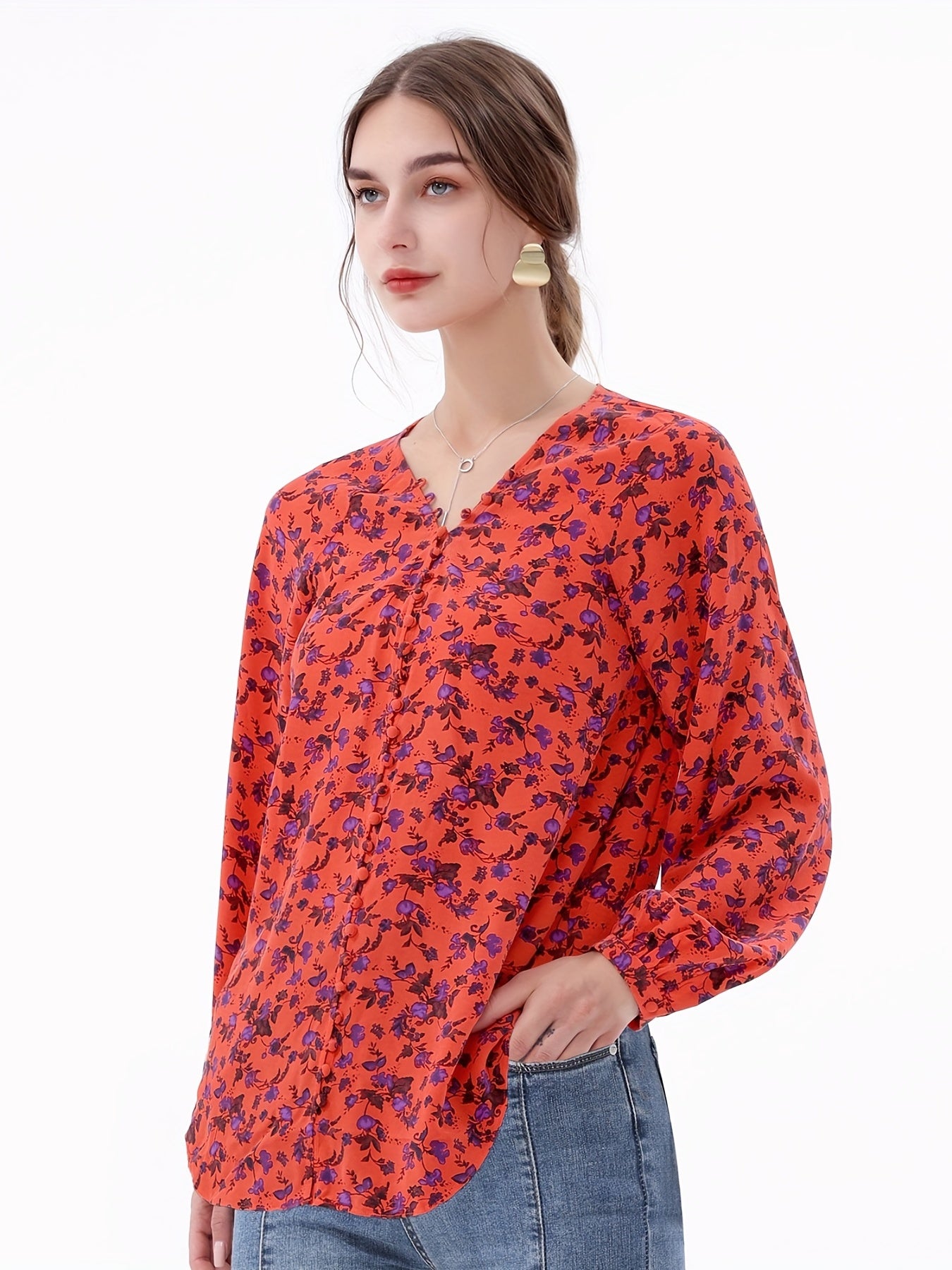 Floral Print V Neck Blouse, Casual Long Sleeve Blouse For Women