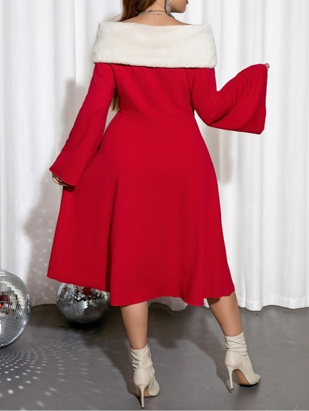 Plus Size Elegant Off-Shoulder Long Sleeve Flared Dress for Christmas New Year Party Dress