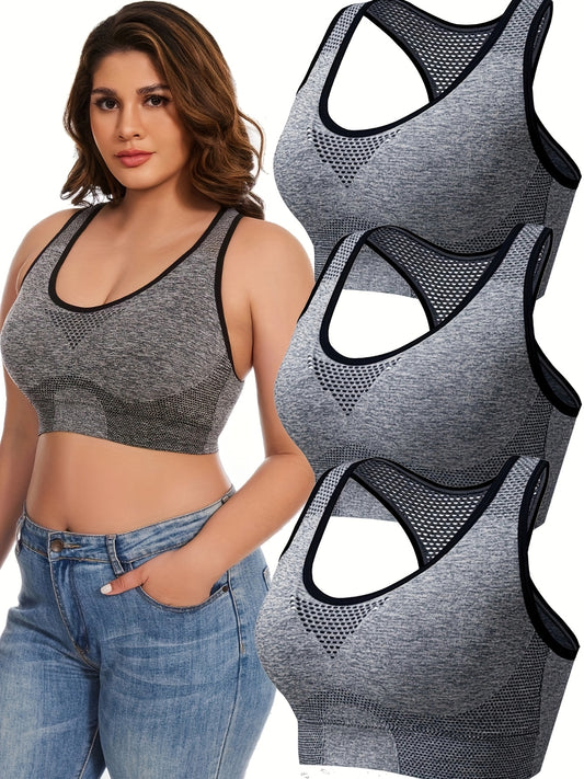 3pcs Plus Size Sports Bras, Polyamide Blend, Hollow Mesh Design, Low Support, Removable Padding, Crew Neck, Medium Stretch, Knit Fabric,