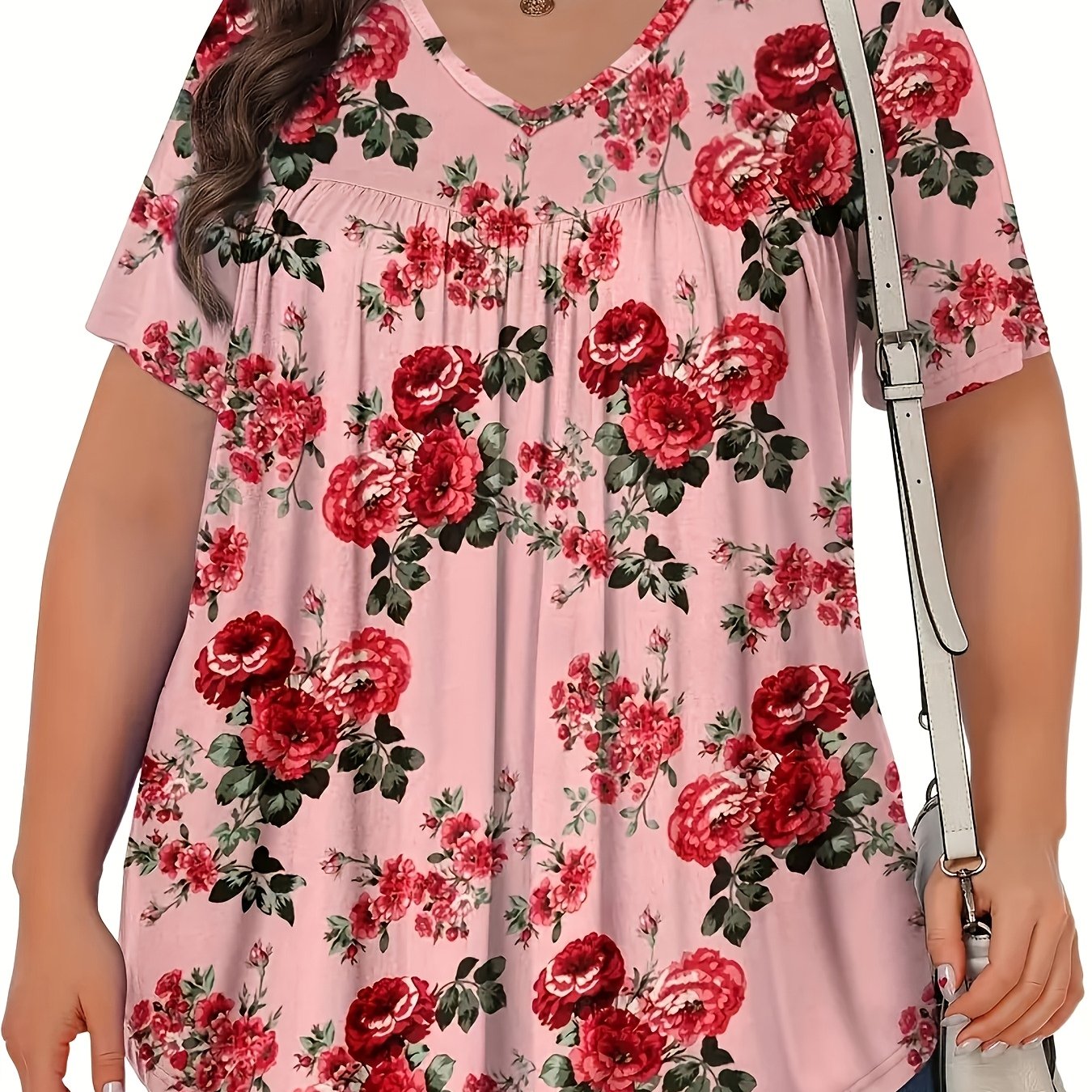 Women's Plus Size V-Neck Blouse - Middle Eastern-Inspired Floral Print Digital, Stretchy Machine-Washable Fabric, All-Season Casual & Formal