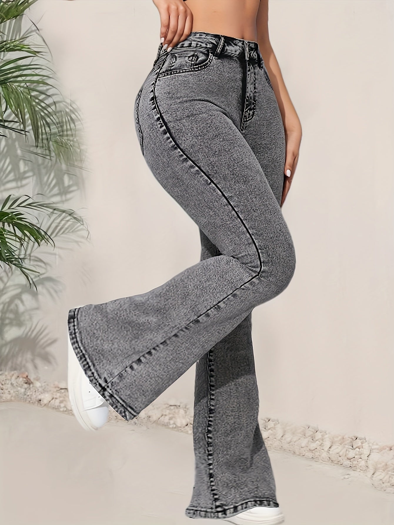 High-Waist Light Gray Flare Jeans for Women