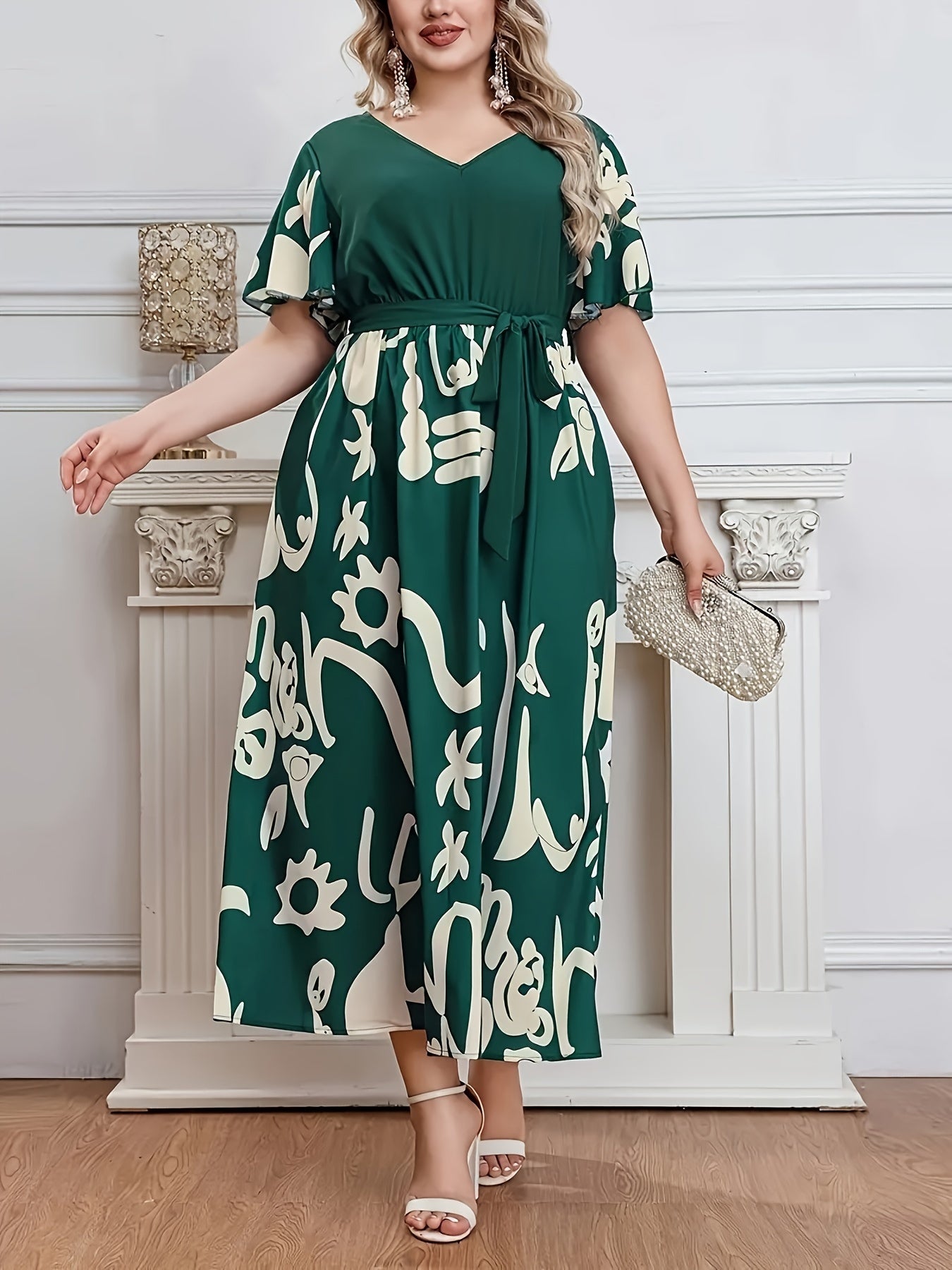 Elegant Short Sleeve V Neck Longline Dress With Belt For Plus Size Women