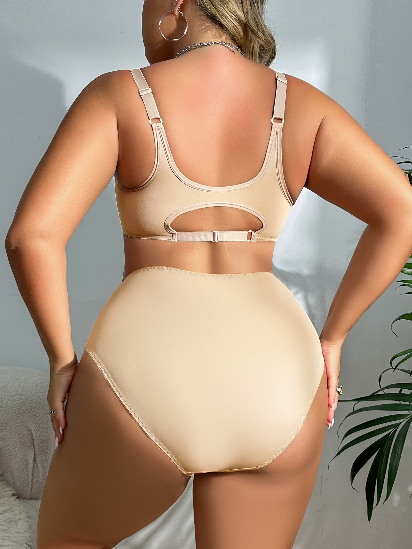 Plus Size Solid Color Non-Wired Front Opening Bra and Panty Set-2025#Set