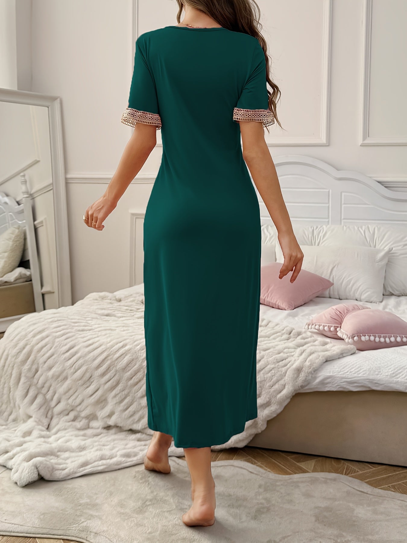 Long Contrast Lace Spliced Nightgown