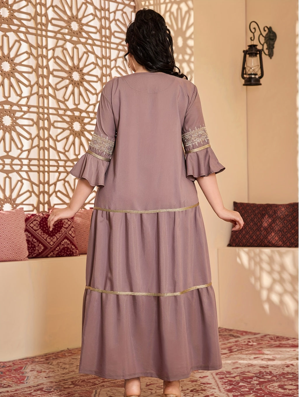 Elegant Ethnic Style Three Quarter Length Ruffle Sleeve Dress with Embroidery