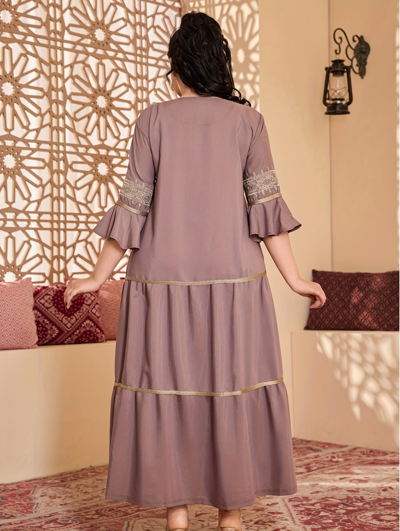 Elegant Ethnic Style Three Quarter Length Ruffle Sleeve Dress with Embroidery