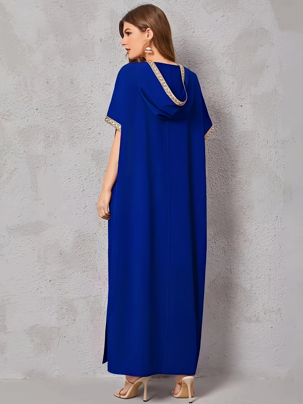 Contrast Trim V-neck Kaftan Dress, Elegant Batwing Sleeve