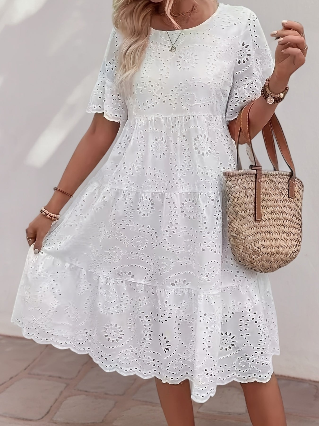 Solid Color Embroidered Lace Dress