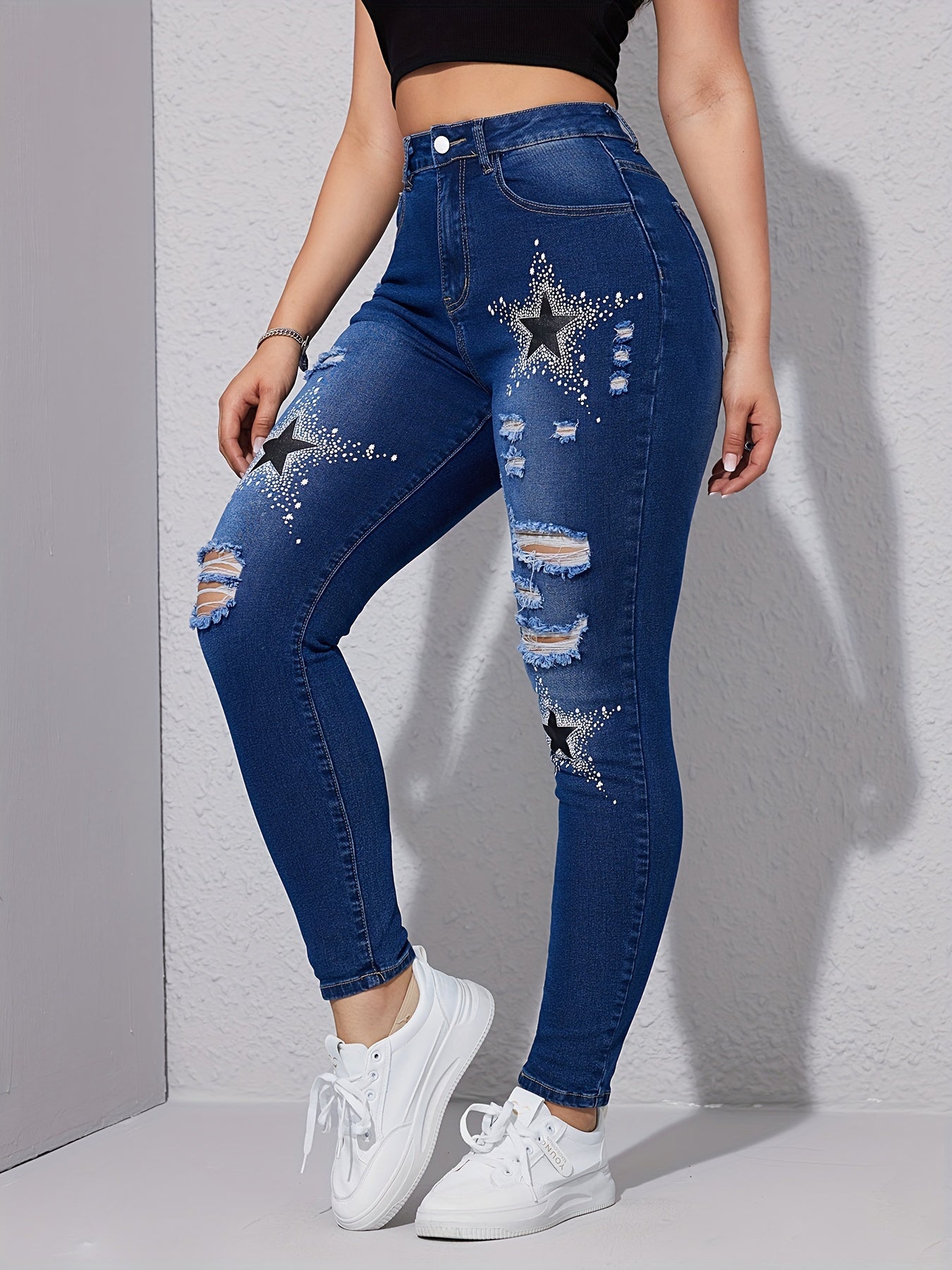 Star Pattern Ripped Holes Skinny Jeans for Women