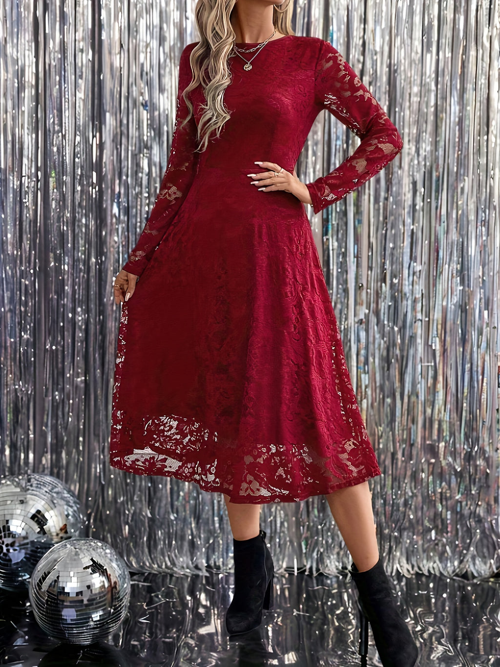 Elegant Burgundy Long-Sleeve Mid-Length Dress - Slim-Fit Party Dress for Fall/Christmas