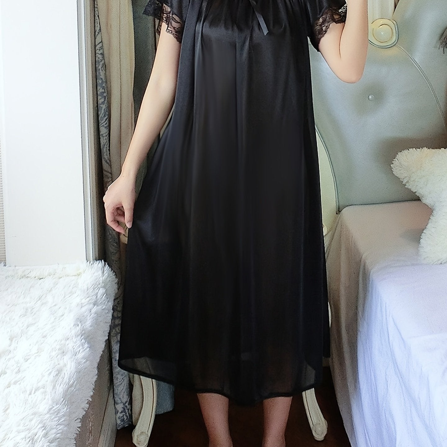 Elegant Off the Shoulder Short Sleeve Night Dress, Polyester Solid Color Slight Stretch Pullover for Adult Women, Spring/Summer Sleepwear