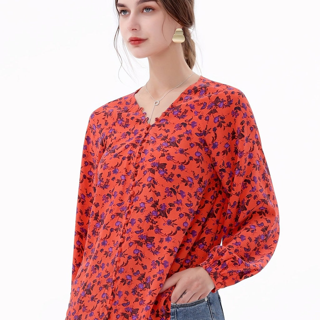 Floral Print V Neck Blouse, Casual Long Sleeve Blouse For Women