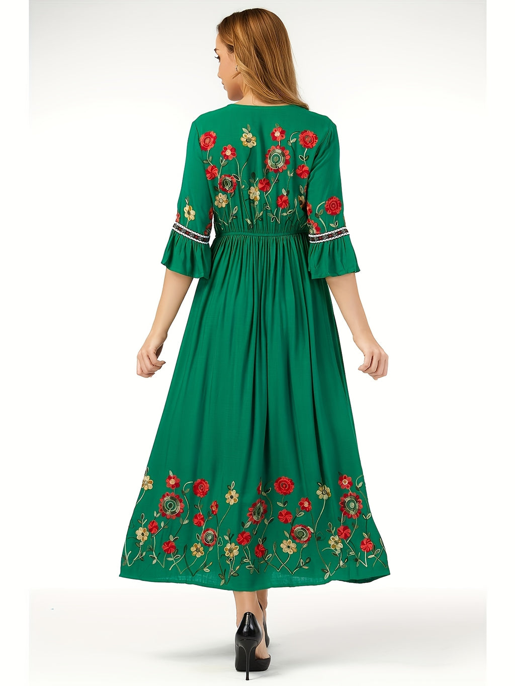 Elegant Green Embroidered Maxi Dress with V-Neck and Ruffle Sleeves