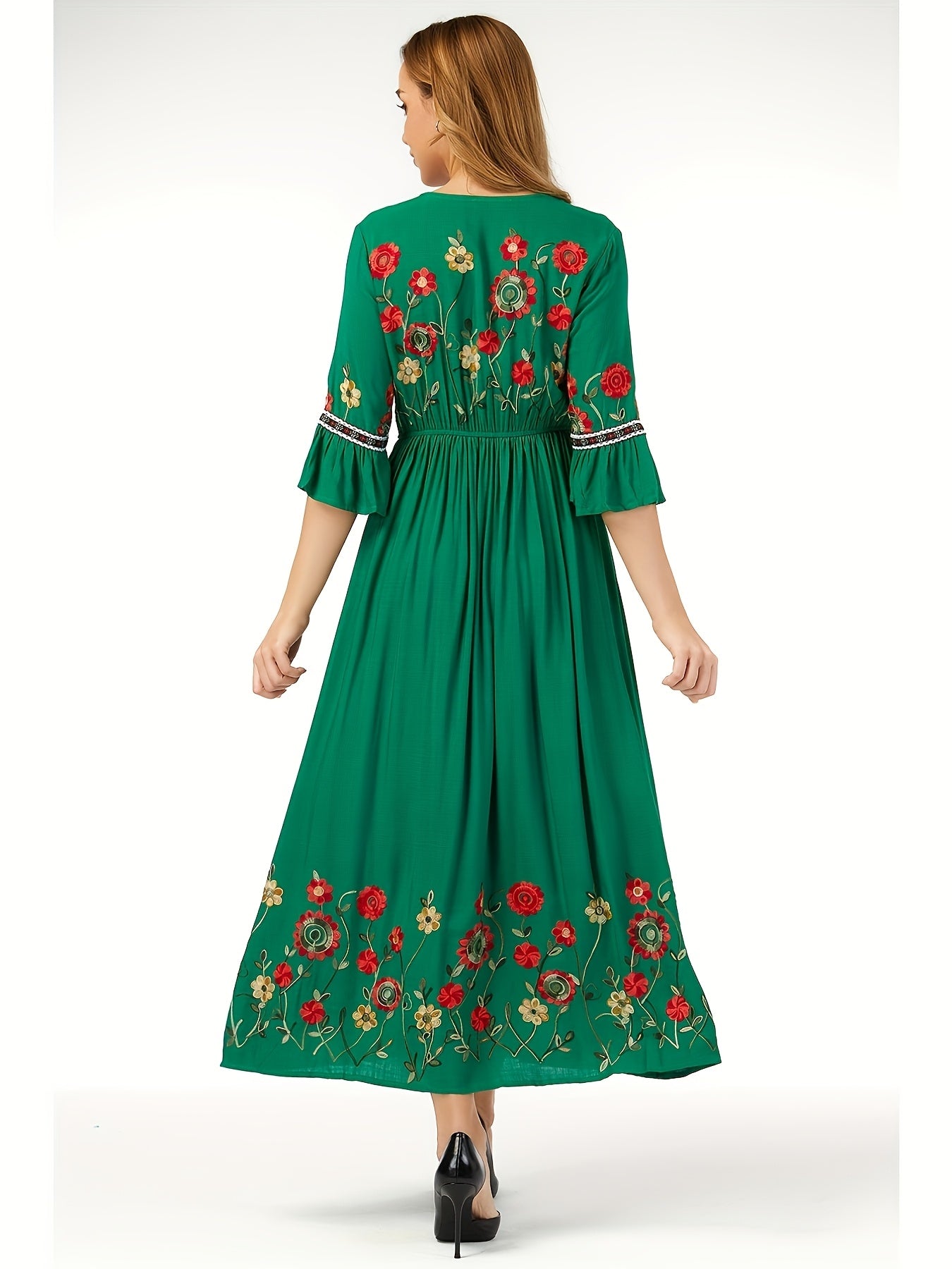 Elegant Green Embroidered Maxi Dress with V-Neck and Ruffle Sleeves