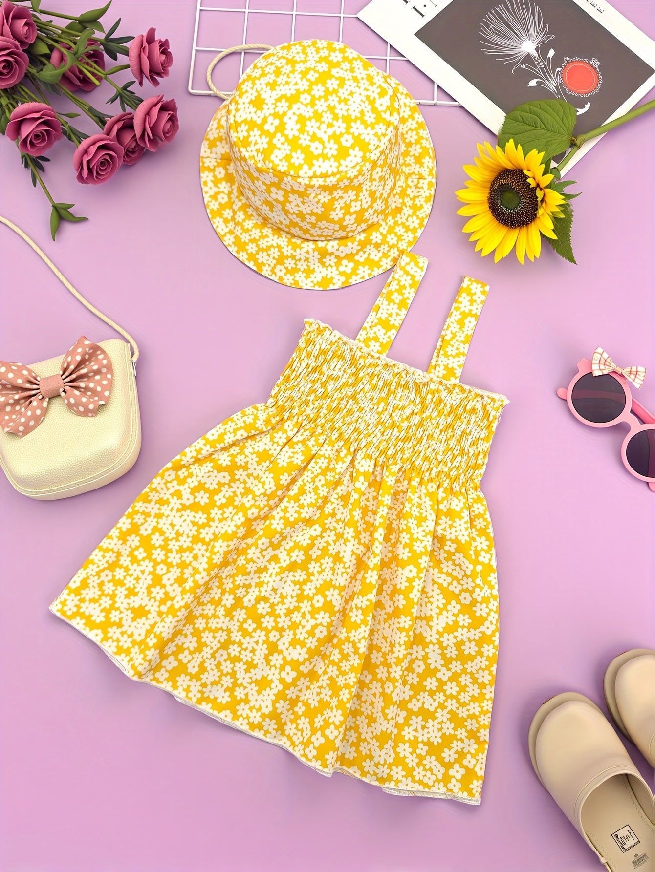 Casual Beachy Daisy Print Girls' Sleeveless Sun Hat Dress