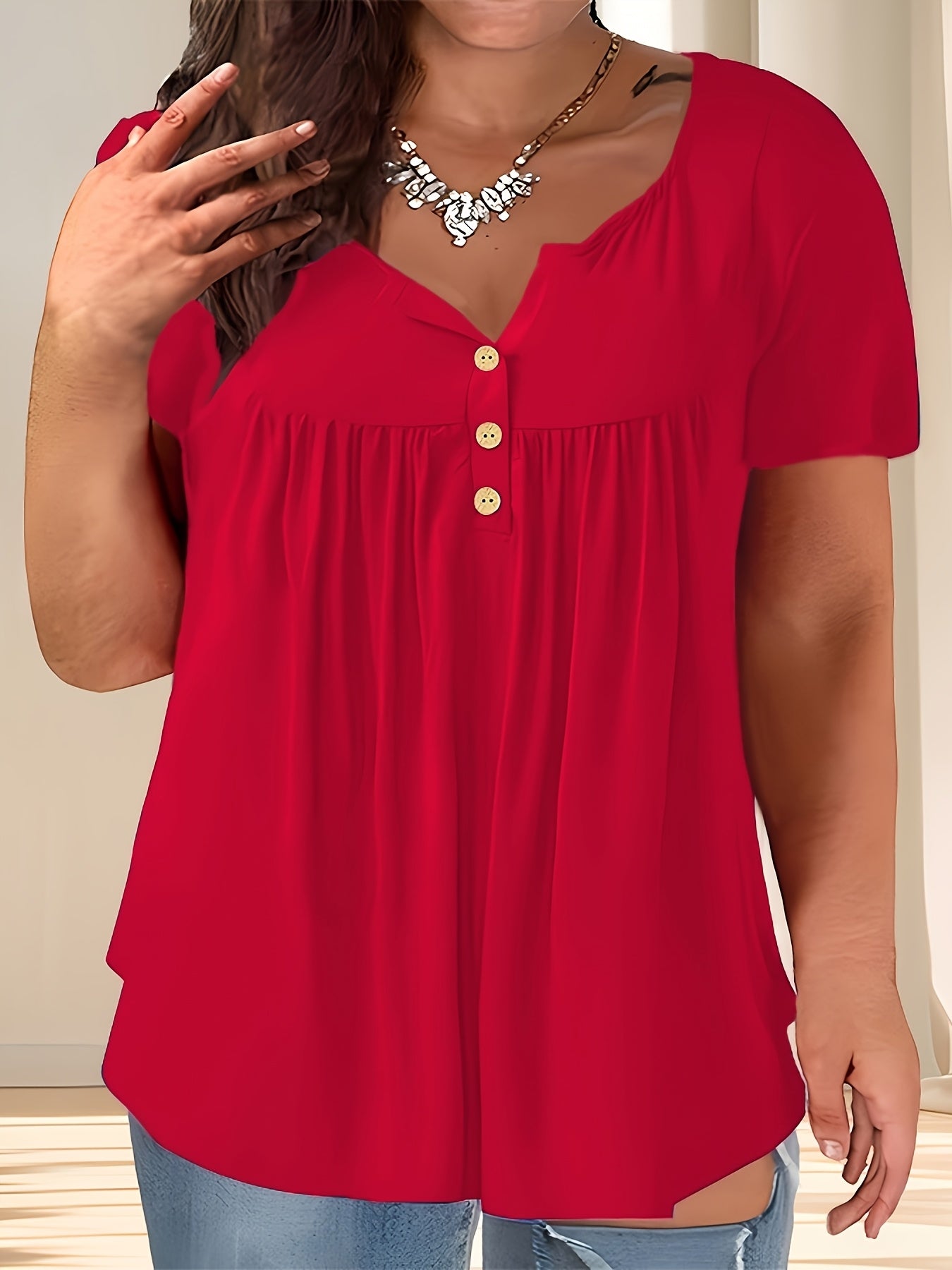 Women'S Plus Size Casual Buttoned Pleated T-Shirt, Summer Knit Fabric Top, Crew Neck, Solid Color, Slight Stretch, Oversized Pullovers,