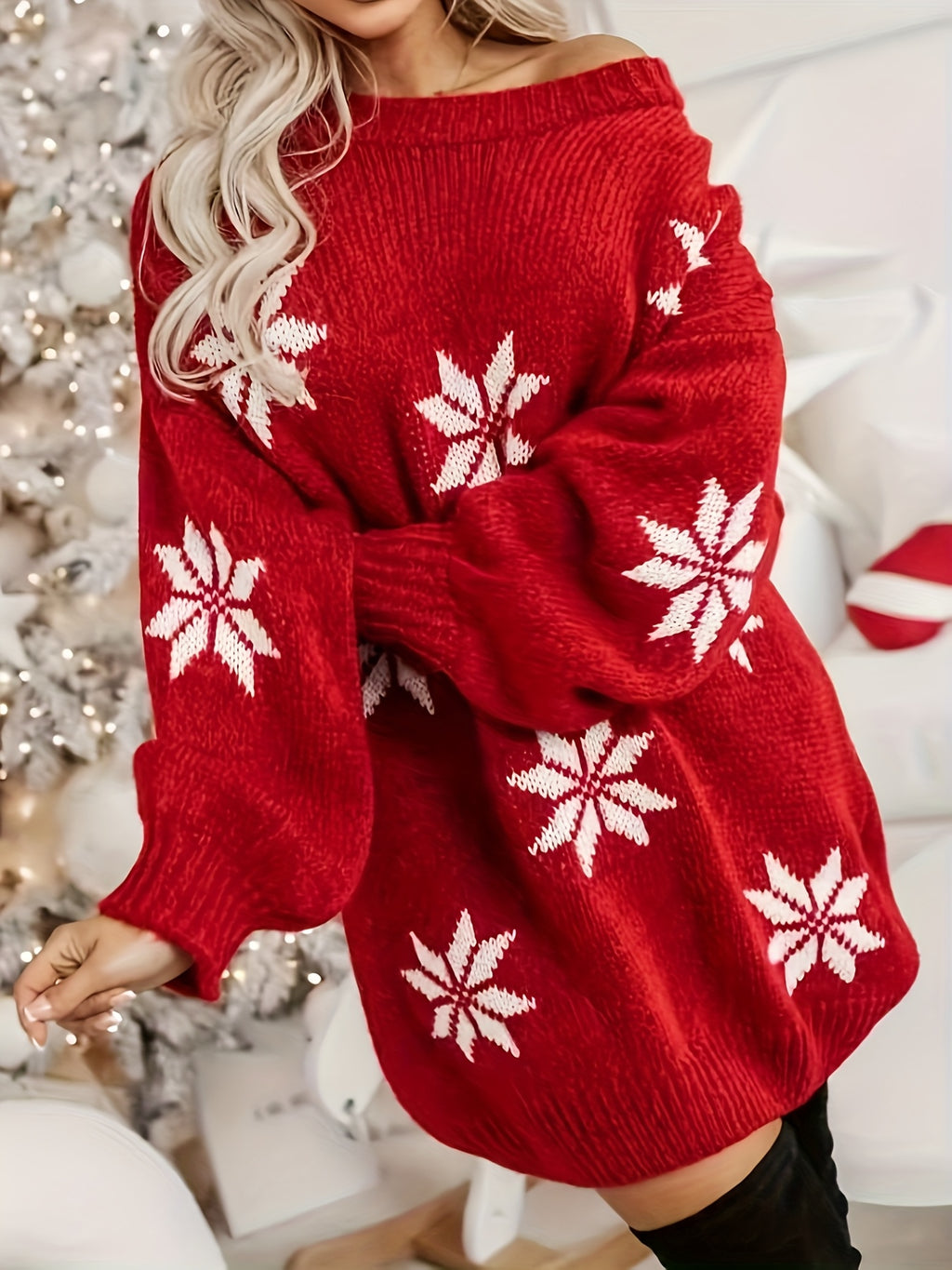 Red & White Snowflake Winter Dress Christmas Day Loose-Fit Poinsettia Smock Sleeve Mid-Length Dress