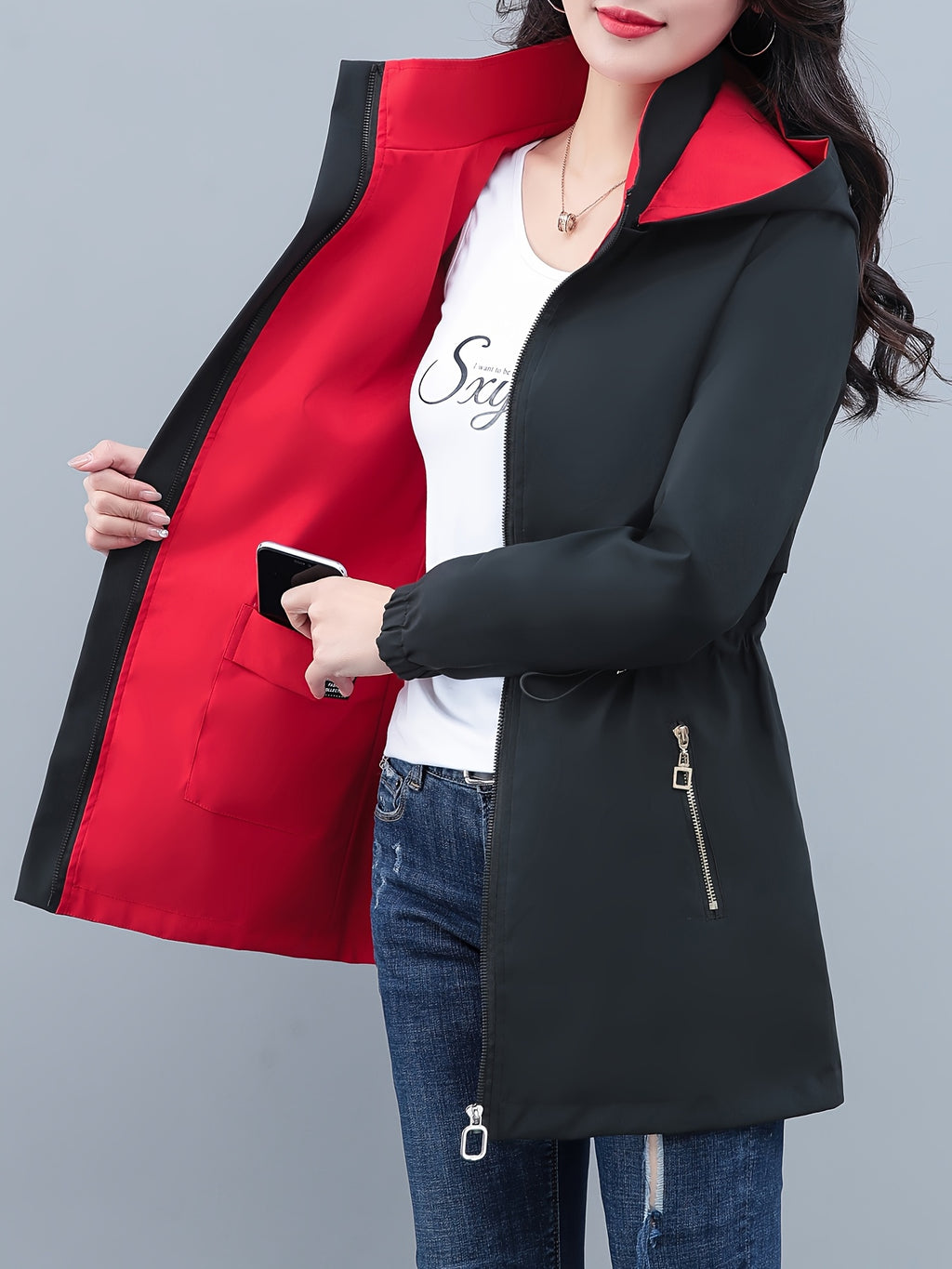 Women's Reversible Long Sleeve Windbreaker Jacket, Fit, Detachable Hood & Zipper Closure