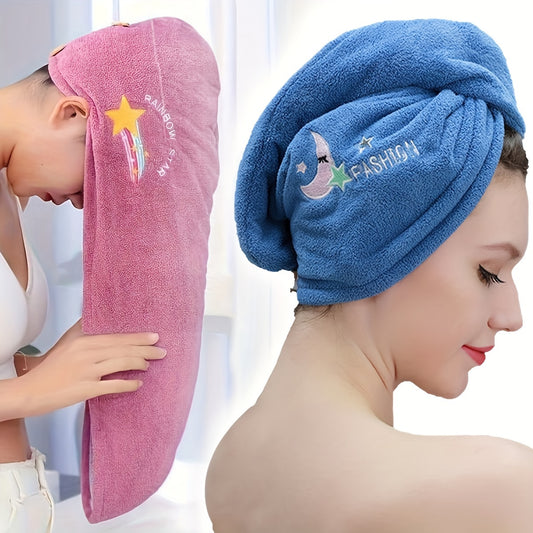 [Quick Dry | Super Absorbent] Super Absorbent Microfiber 1pc Hair Towel Wrap, Quick Dry Hair Cap for Women | Modern Geometric-Pattern Knit Fabric, 260gsm, with Space-Themed Embroidery | for Bathroom Accessories