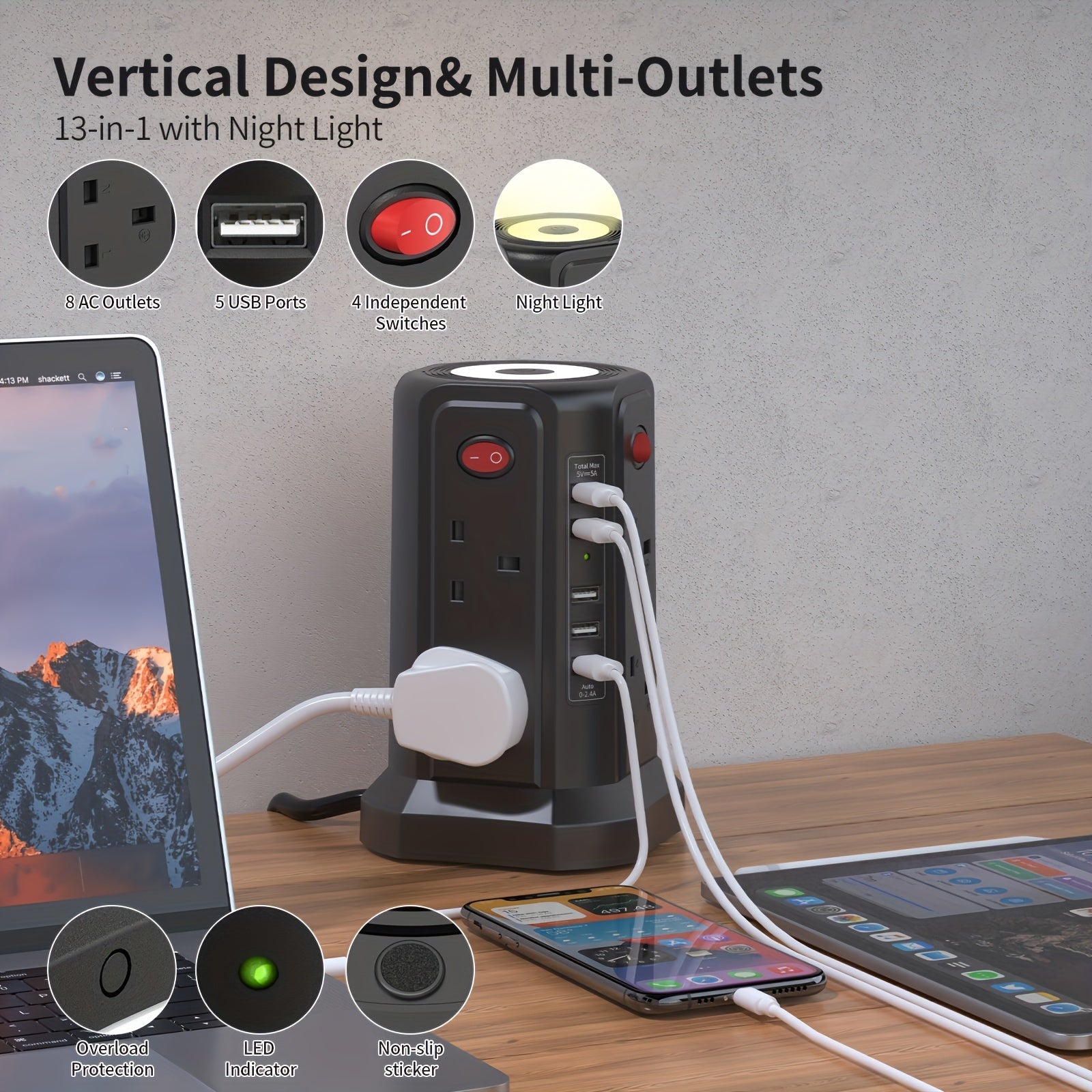 Extension Cord with USB Plug and Night Light, 13A 3250W Extension Tower with 5 USB Ports and 8 Way Plugs
