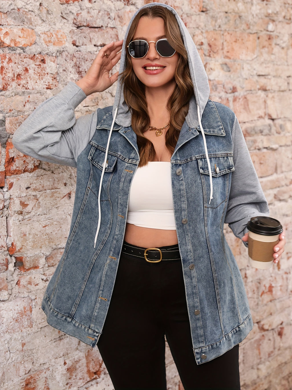 Denim Jacket and Long Pants | Elegant Hooded Design with Patchwork Details