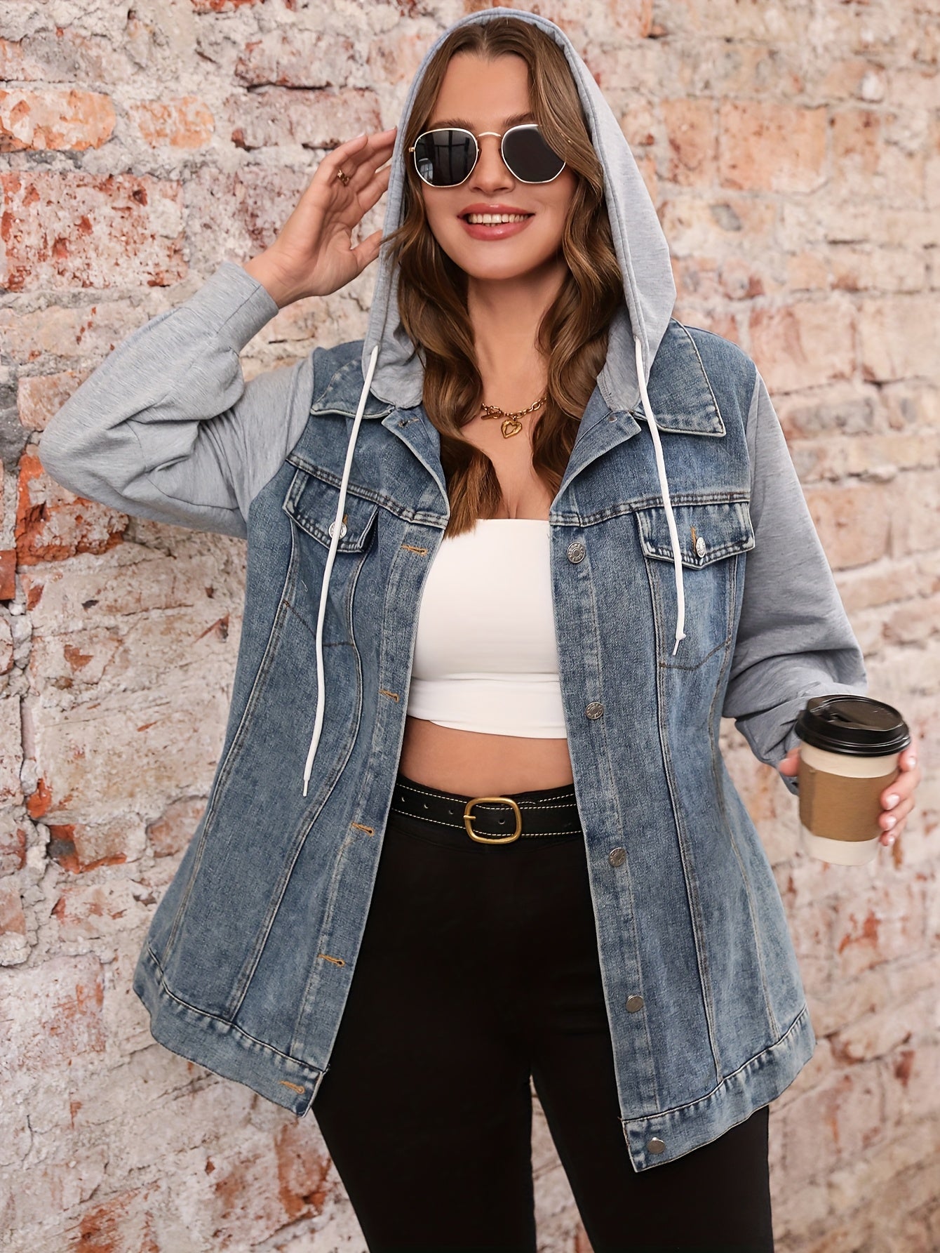 Denim Jacket and Long Pants | Elegant Hooded Design with Patchwork Details