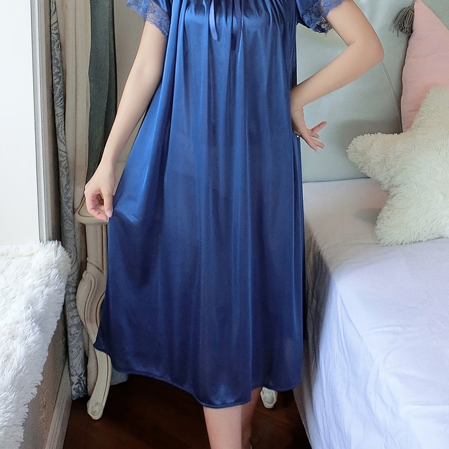 Elegant Off the Shoulder Short Sleeve Night Dress, Polyester Solid Color Slight Stretch Pullover for Adult Women, Spring/Summer Sleepwear